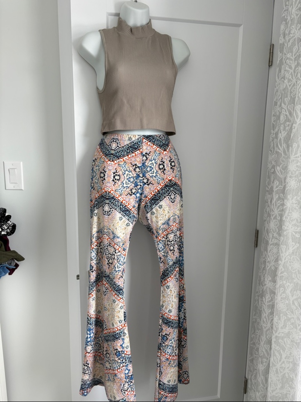 Printed Flare Pants in Beige, Blue & Coral and Babaton top